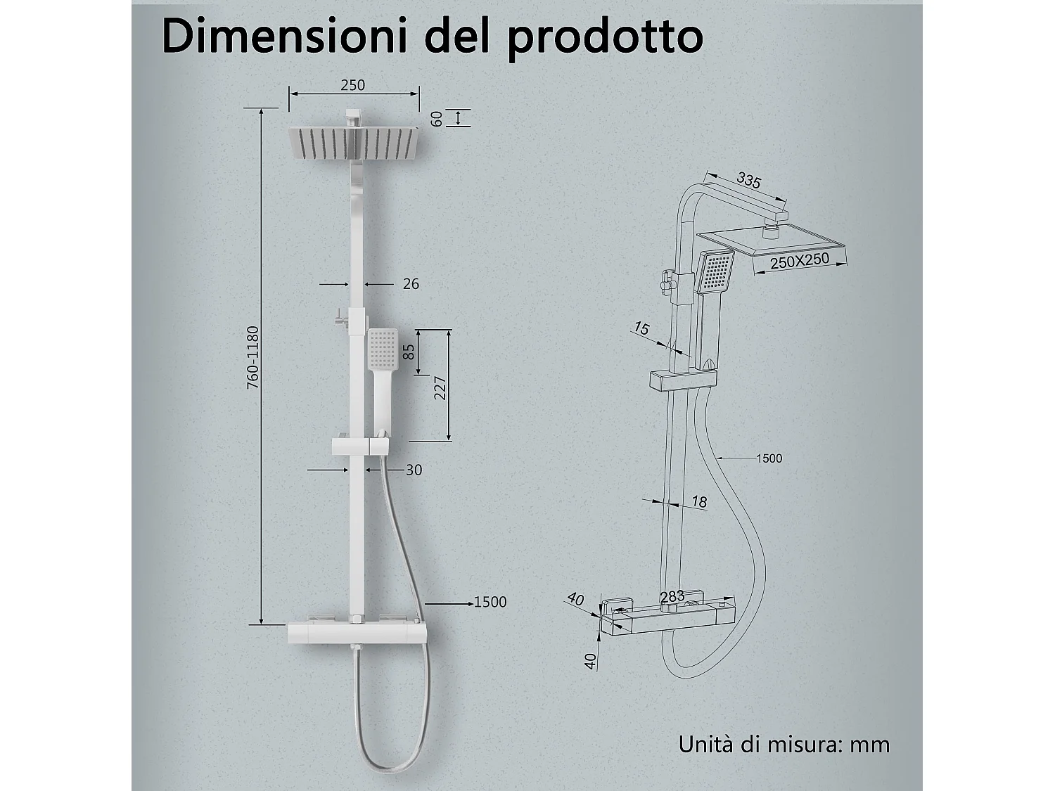 Colonne doccia termostatiche con soffione quadrato 25x25cm in acciaio inox e altezza regolabile 76-118cm, cromato