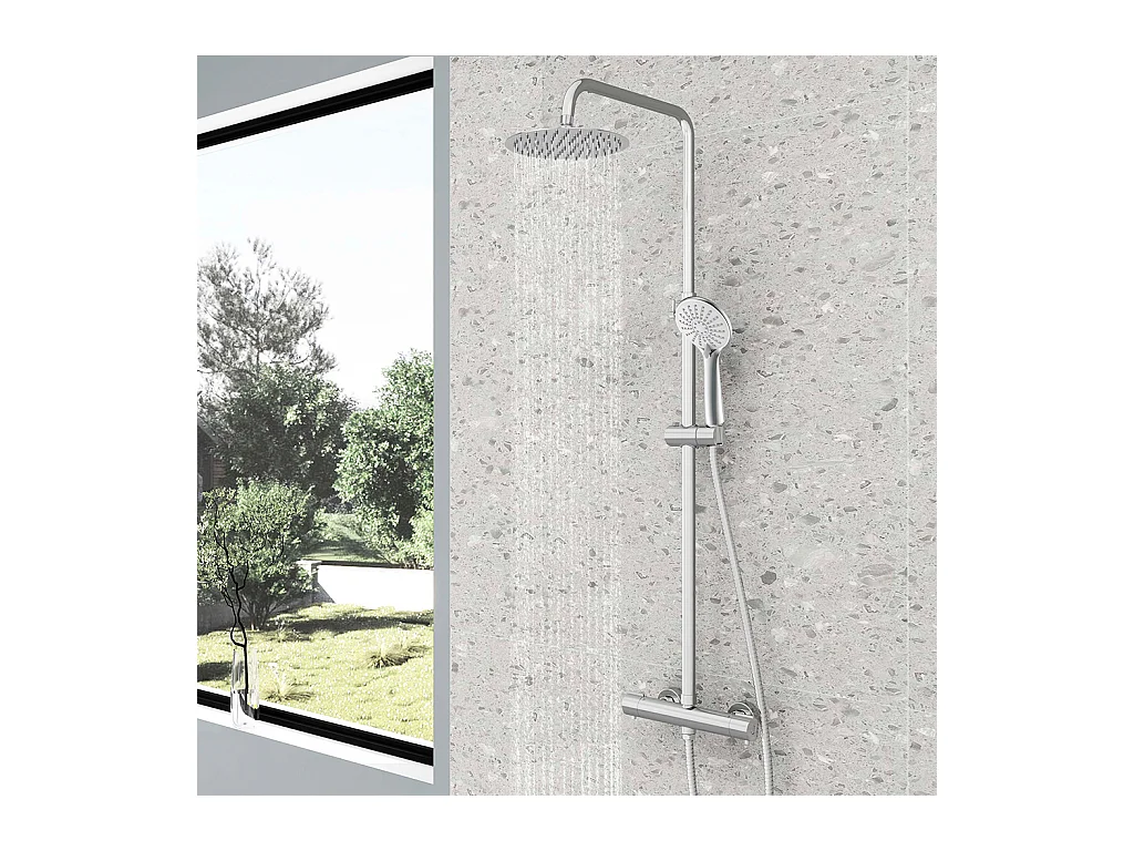 Colonne doccia termostatiche con soffione rotondo 20cm in acciaio inox e altezza regolabile 74-117cm, cromato