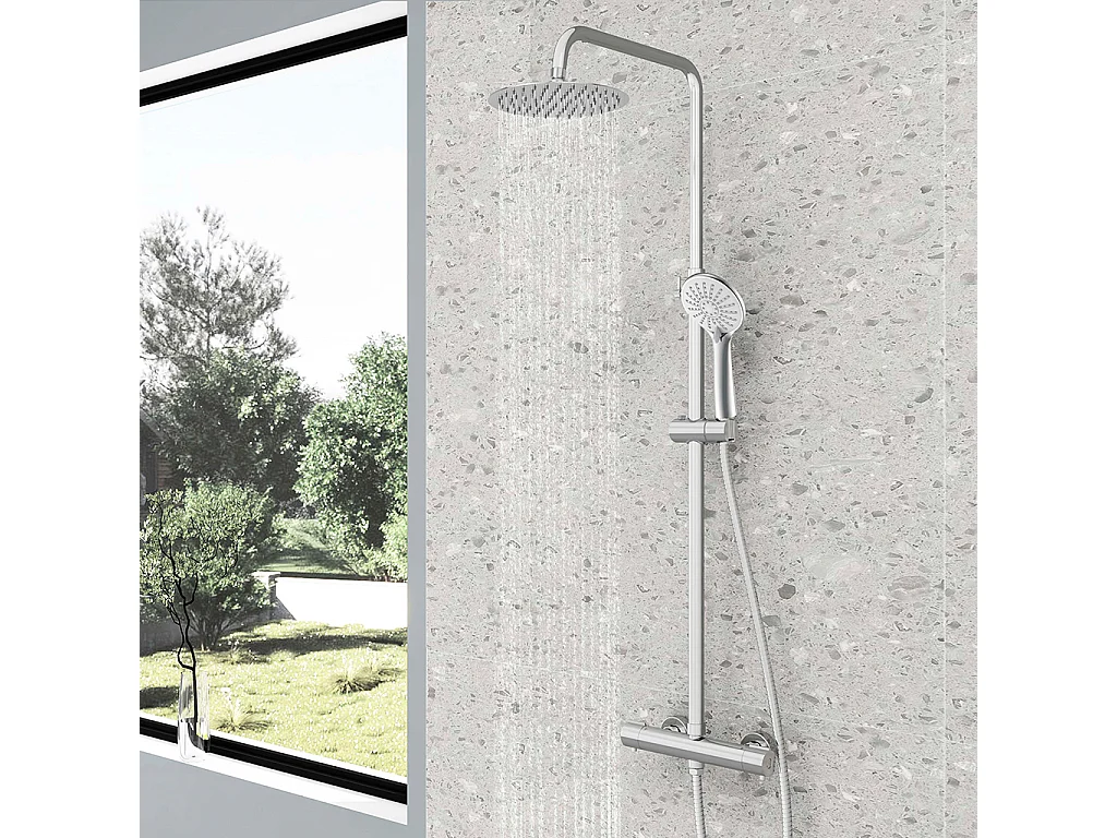 Colonne doccia termostatiche con soffione rotondo 20cm in acciaio inox e altezza regolabile 74-117cm, cromato