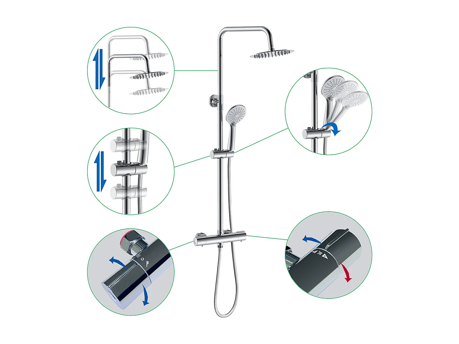 Colonne doccia termostatiche con soffione rotondo 20cm in acciaio inox e altezza regolabile 74-117cm, cromato