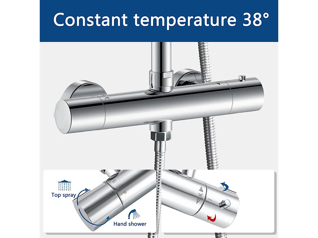 Colonne doccia termostatiche con soffione rotondo 20cm in acciaio inox e altezza regolabile 74-125cm, cromato