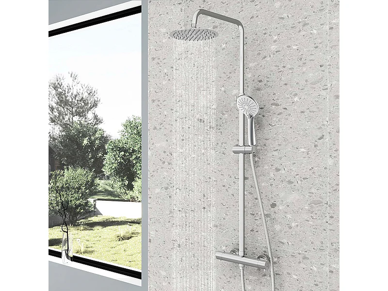 Colonne doccia termostatiche con soffione rotondo 20cm in acciaio inox e altezza regolabile 74-117cm, cromato