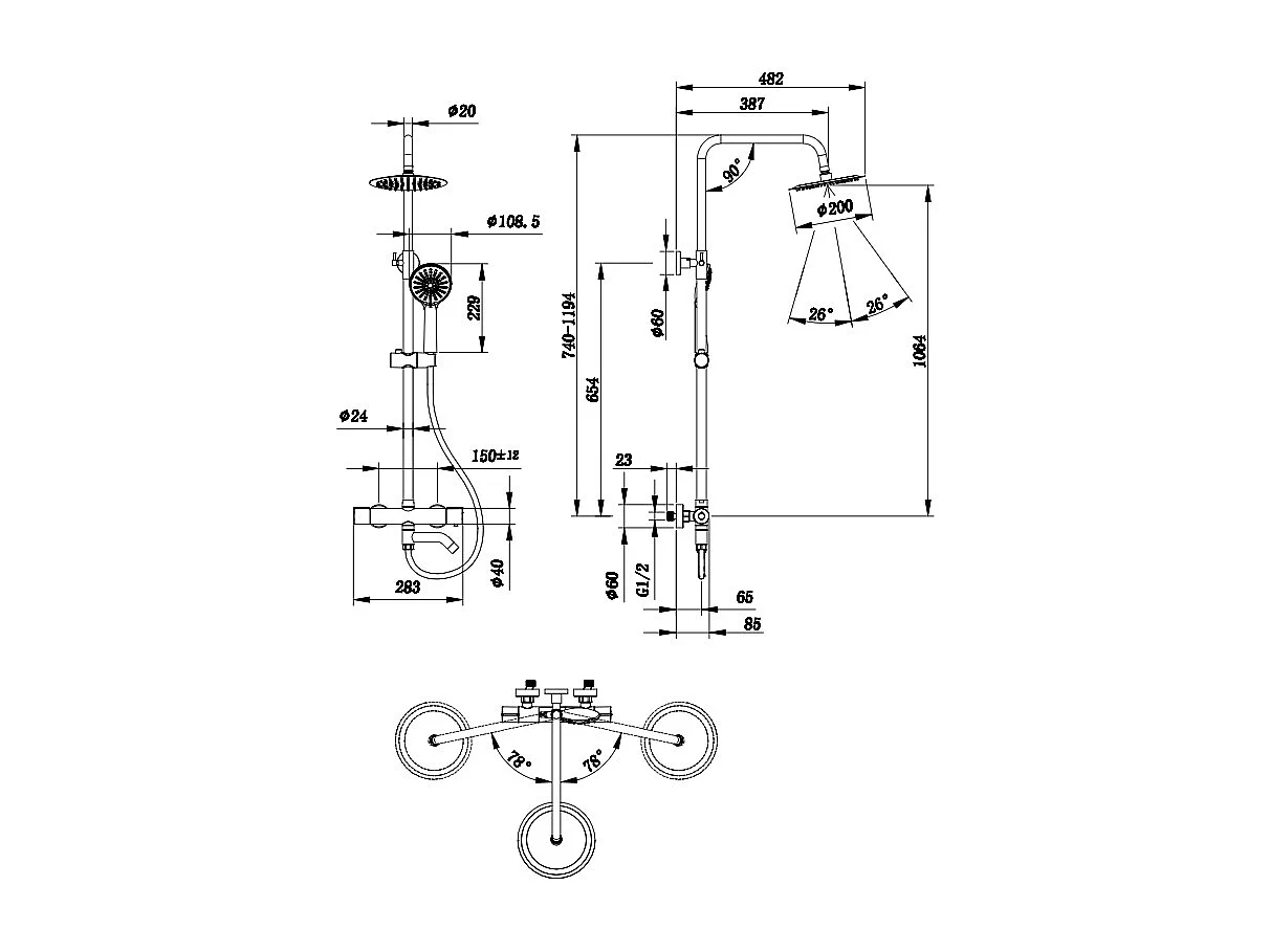 Colonne doccia termostatiche con beccuccio girevole 90°e soffione rotondo 20cm, cromato