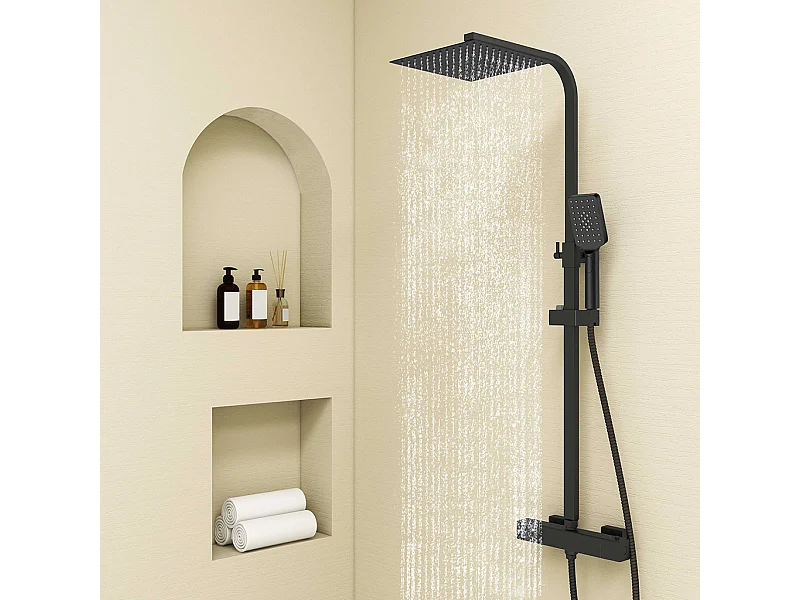Colonne doccia termostatiche con soffione quadrato 25x25cm in acciaio inox e doccetta a 3 getti, nero