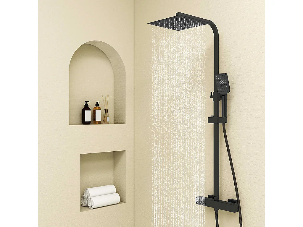 Colonne doccia termostatiche con soffione quadrato 25x25cm in acciaio inox e doccetta a 3 getti, nero