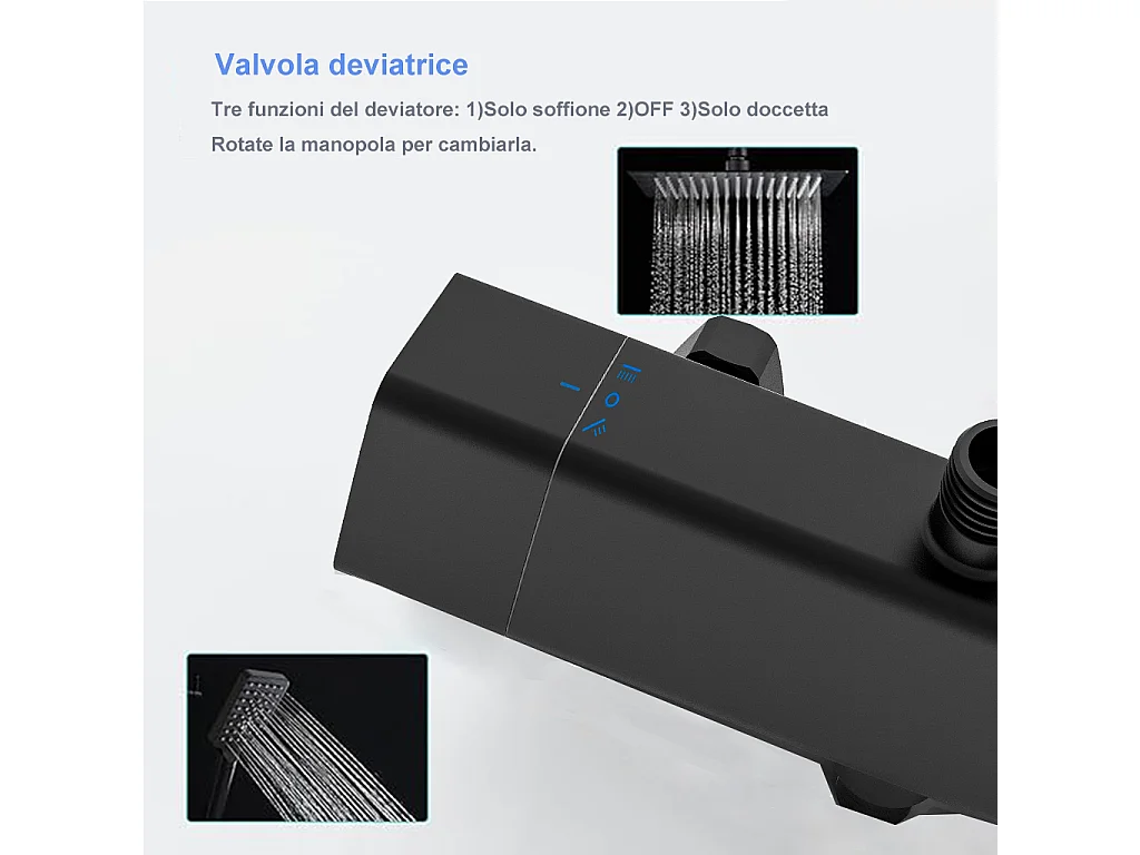 Colonne doccia termostatiche con soffione quadrato 25x25cm in acciaio inox e doccetta a 3 getti, nero
