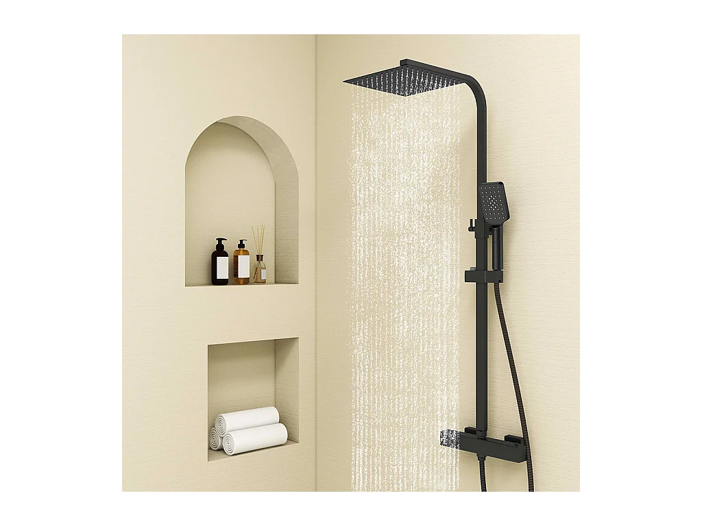 Colonne doccia termostatiche con soffione quadrato 25x25cm in acciaio inox e doccetta a 3 getti, nero