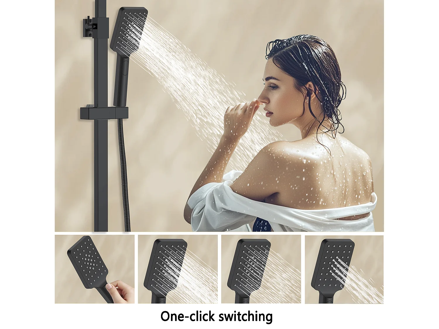 Colonne doccia termostatiche con soffione quadrato 25x25cm in acciaio inox e doccetta a 3 getti, nero