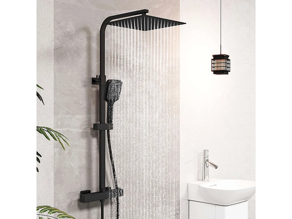 Colonne doccia termostatiche con soffione quadrato 30x30cm in acciaio inox e doccetta a 3 getti, nero
