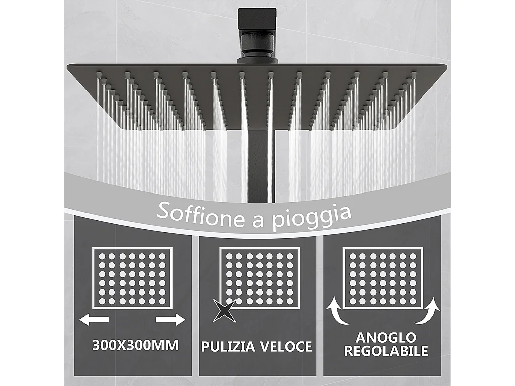 Colonne doccia termostatiche con soffione quadrato 30x30cm in acciaio inox e doccetta a 3 getti, nero