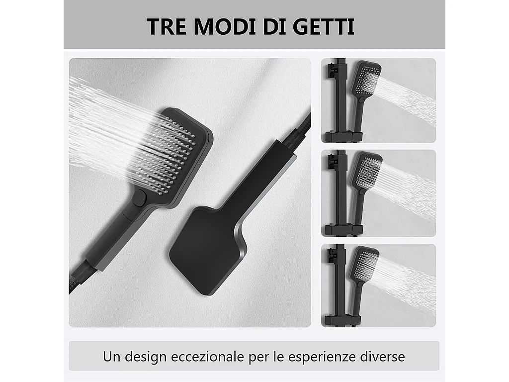 Colonne doccia termostatiche con soffione quadrato 30x30cm in acciaio inox e doccetta a 3 getti, nero