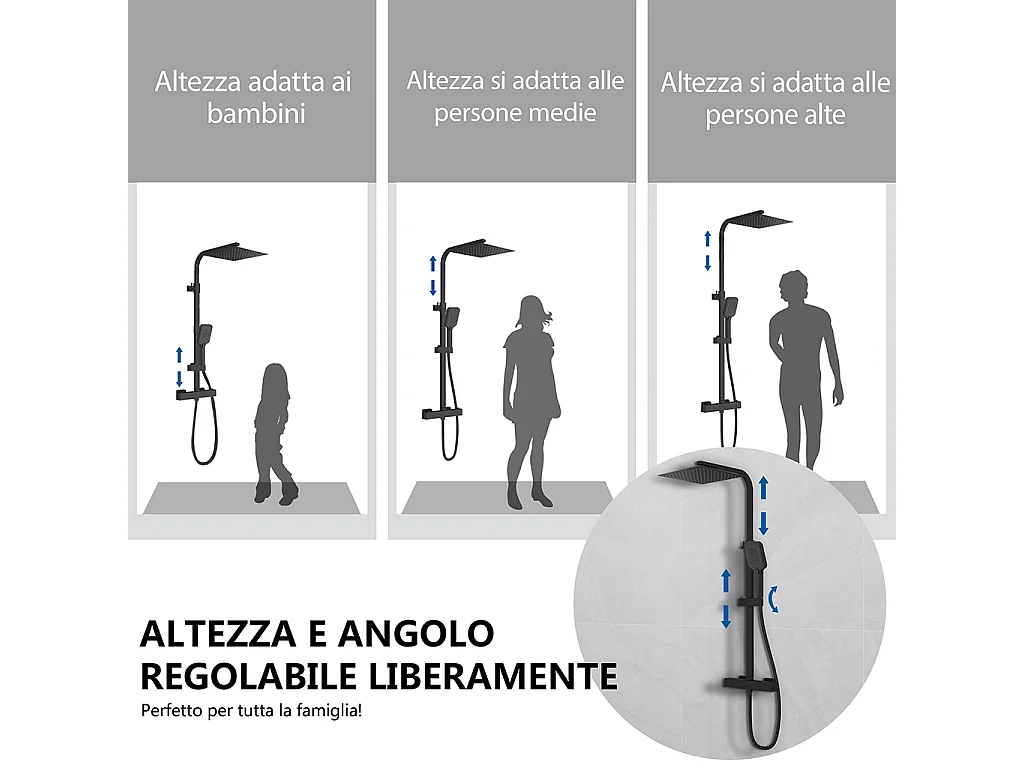 Colonne doccia termostatiche con soffione quadrato 30x30cm in acciaio inox e doccetta a 3 getti, nero