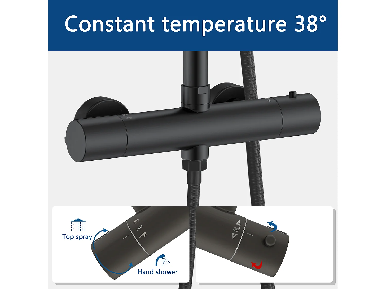 Colonne doccia termostatiche con soffione quadrato 20x20cm in acciaio inox e doccetta a 3 getti, nero