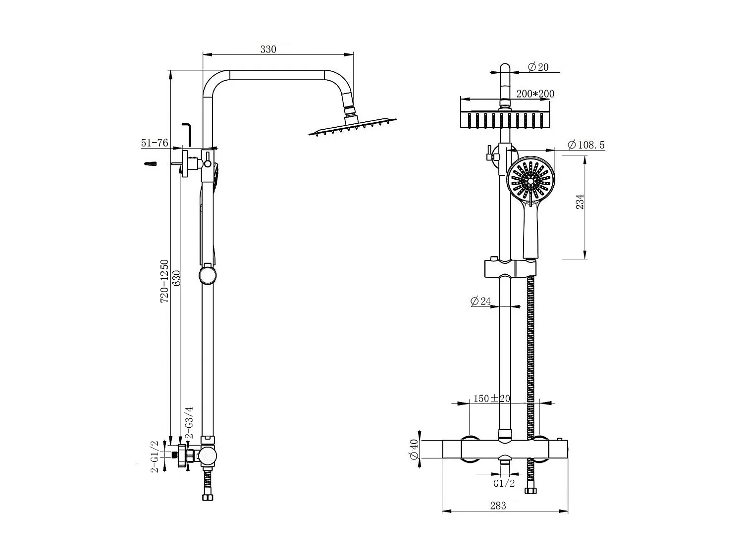 Colonne doccia termostatiche con soffione quadrato 20x20cm in acciaio inox e doccetta a 3 getti, nero
