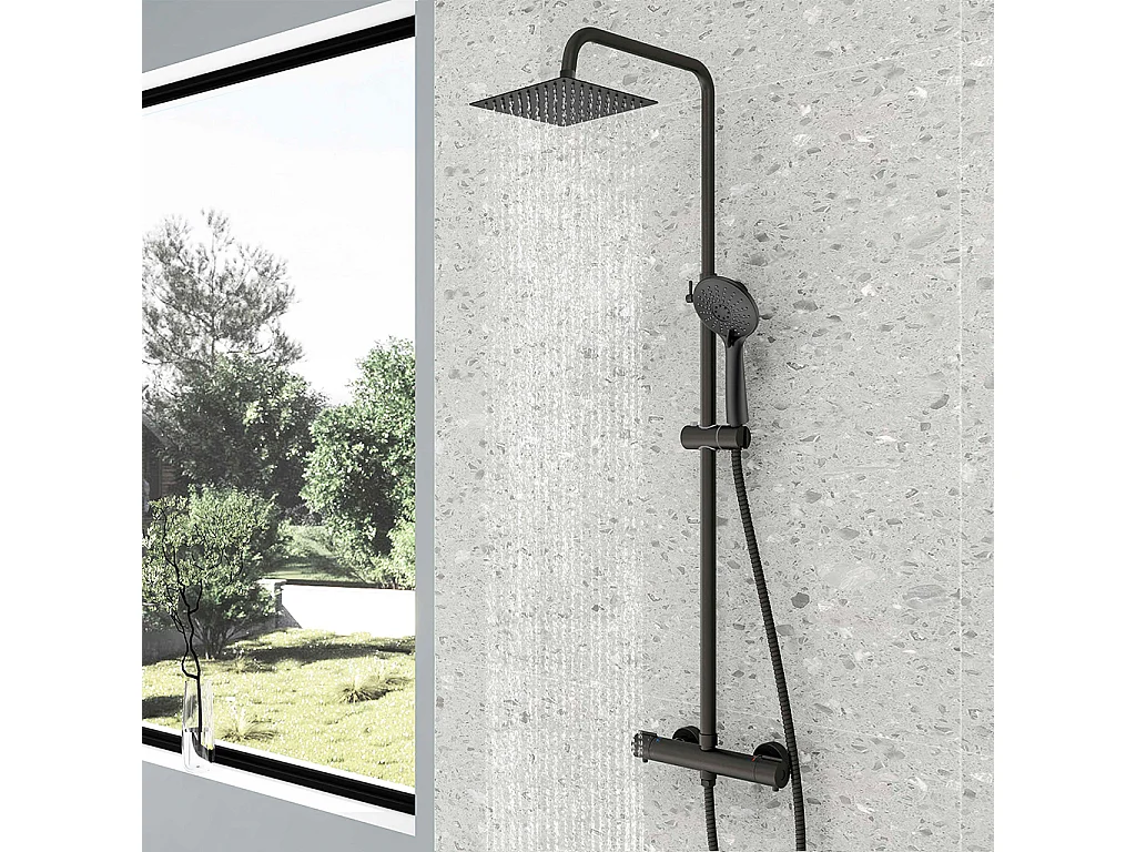 Colonne doccia termostatiche con soffione quadrato 20x20cm in acciaio inox e doccetta a 3 getti, nero