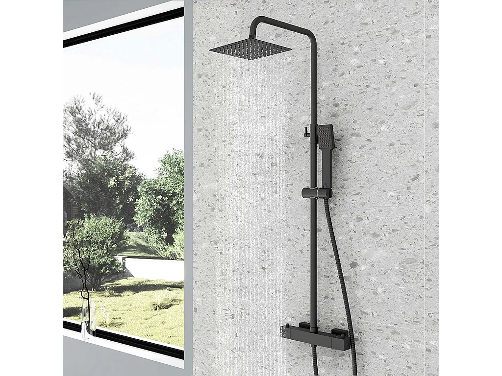 Colonne doccia termostatiche con soffione quadrato 20x20cm in acciaio inox e saliscendi doccia telescopico, nero