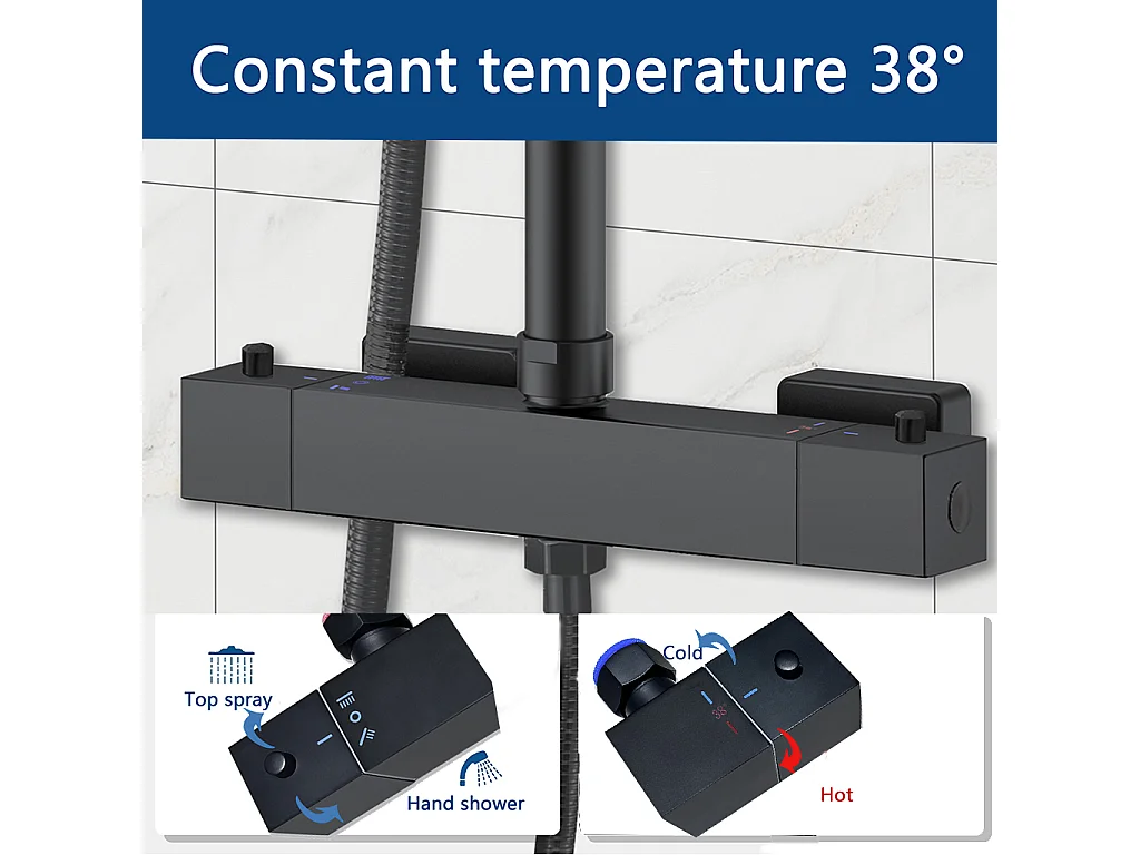Colonne doccia termostatiche con soffione quadrato 20x20cm in acciaio inox e saliscendi doccia telescopico, nero