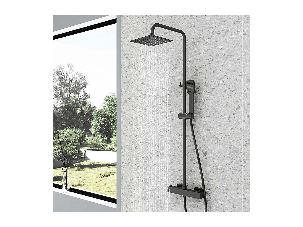 Colonne doccia termostatiche con soffione quadrato 20x20cm in acciaio inox e saliscendi doccia telescopico, nero