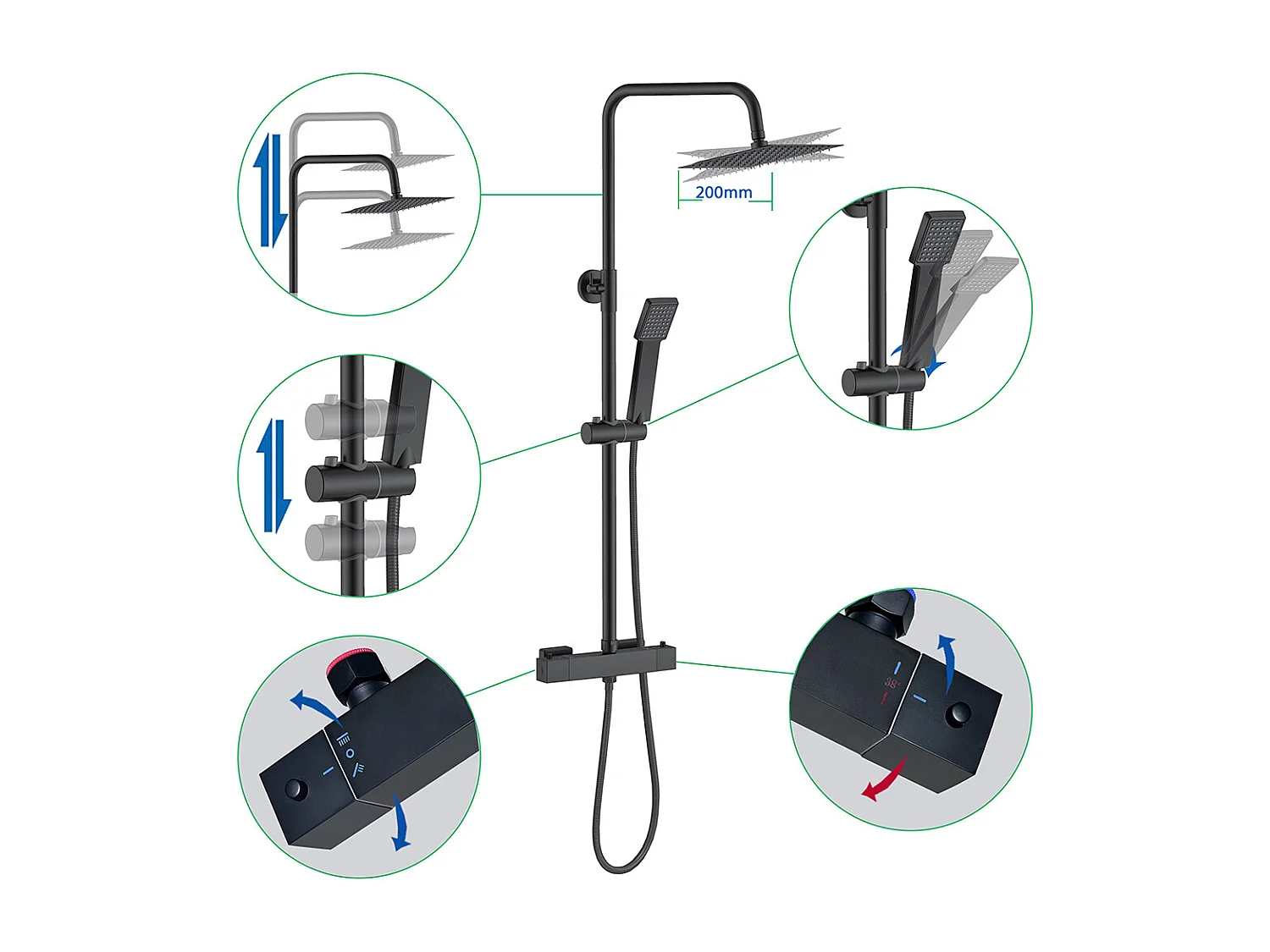 Colonne doccia termostatiche con soffione quadrato 20x20cm in acciaio inox e saliscendi doccia telescopico, nero