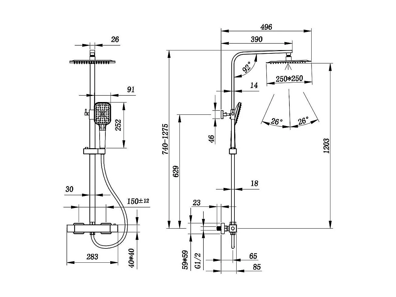 Colonne doccia termostatiche con soffione quadrato 25x25cm in acciaio inox e altezza regolabile 74-128cm, nero