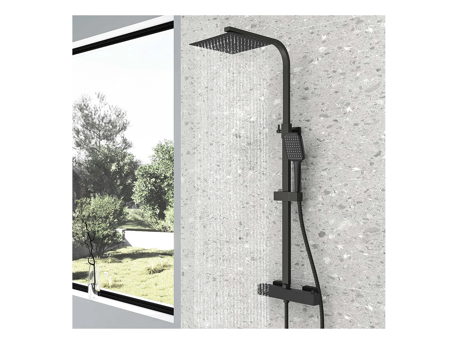 Colonne doccia termostatiche con soffione quadrato 25x25cm in acciaio inox e altezza regolabile 74-128cm, nero