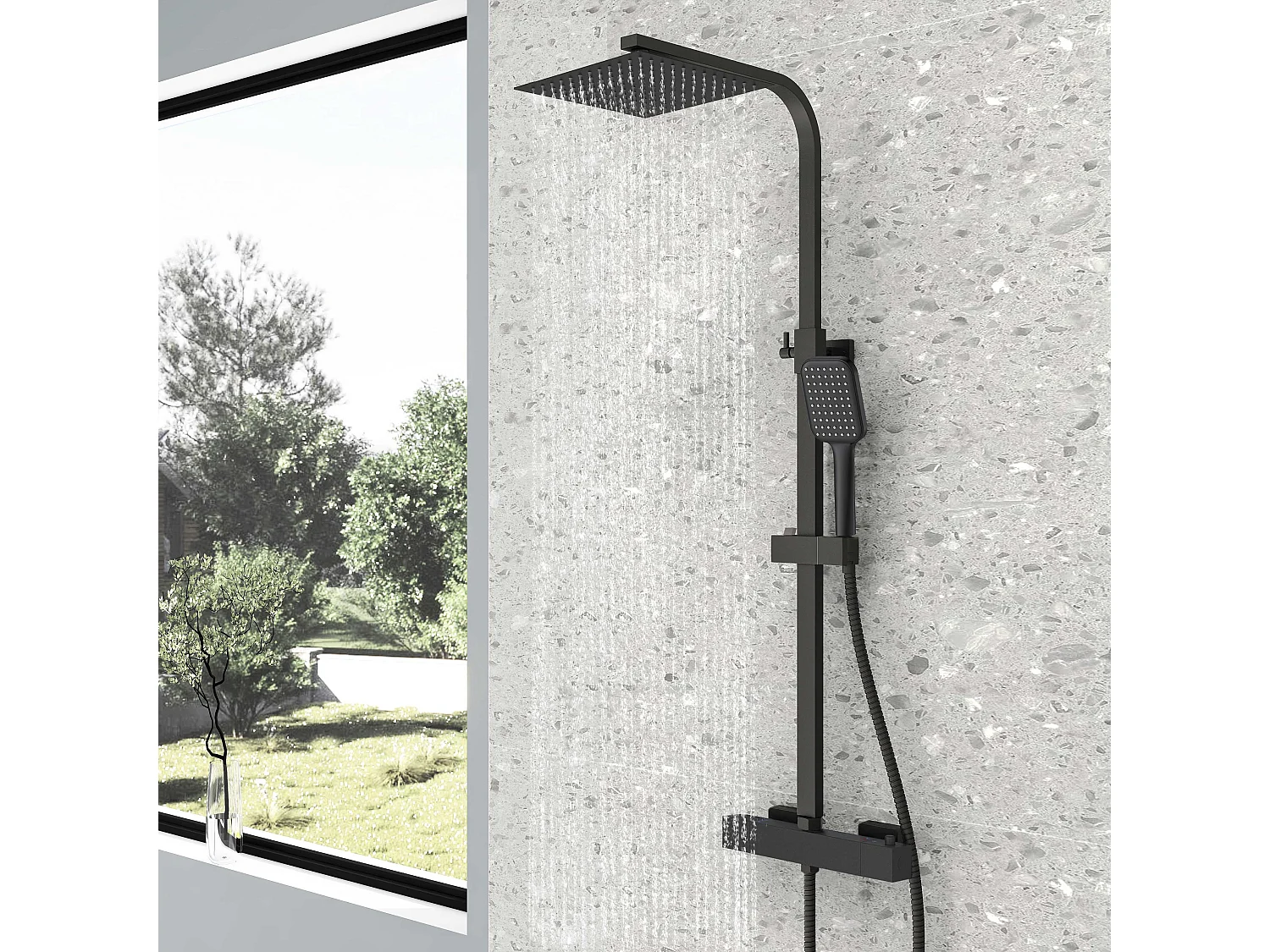 Colonne doccia termostatiche con soffione quadrato 25x25cm in acciaio inox e altezza regolabile 74-128cm, nero