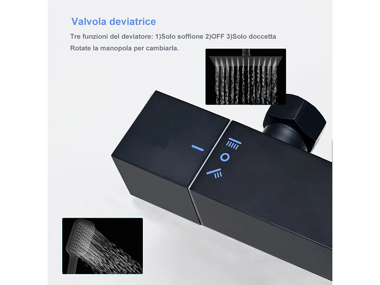 Colonne doccia termostatiche con soffione quadrato 25x25cm in acciaio inox e altezza regolabile 74-128cm, nero