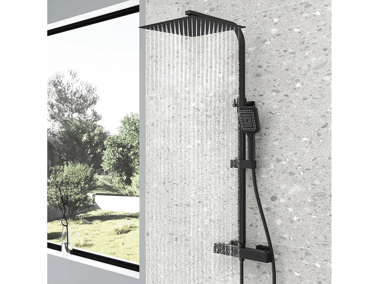 Colonne doccia termostatiche con soffione quadrato 30x30cm in acciaio inox e altezza regolabile 73-115cm, nero