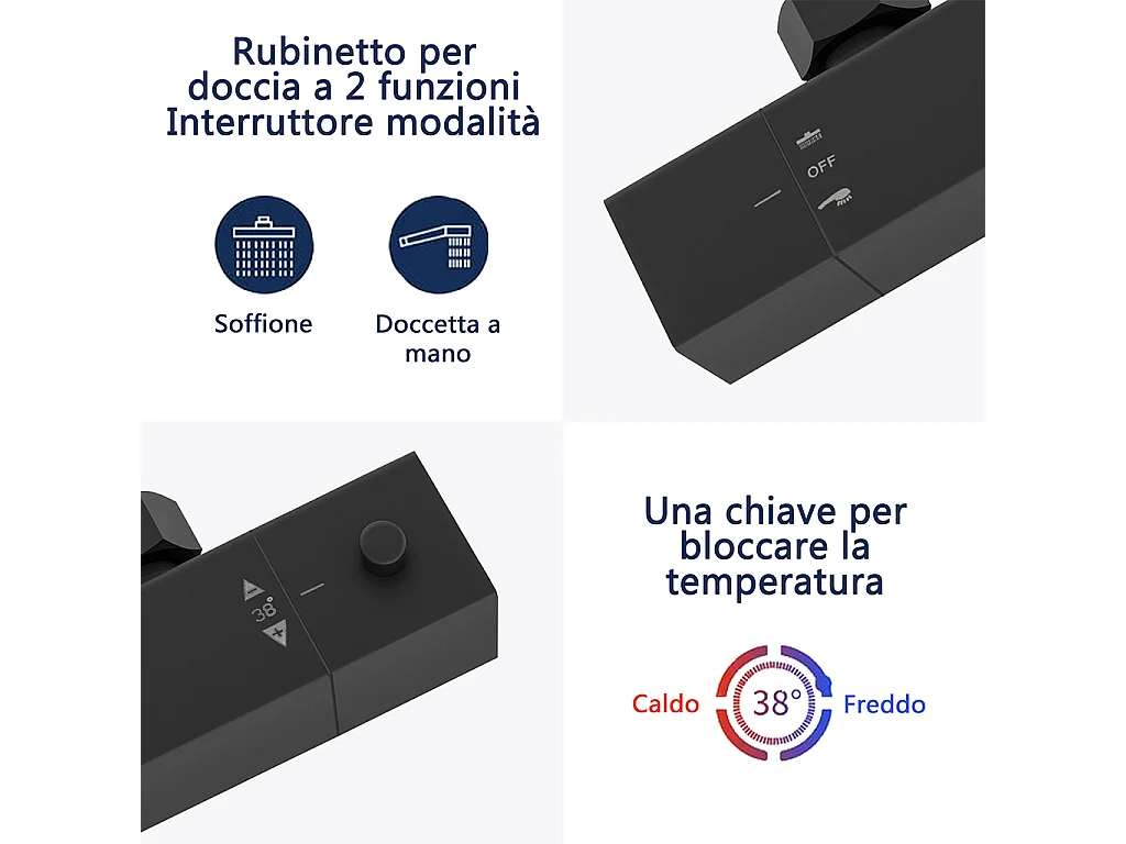 Colonne doccia termostatiche con soffione quadrato 30x30cm in acciaio inox e altezza regolabile 73-115cm, nero
