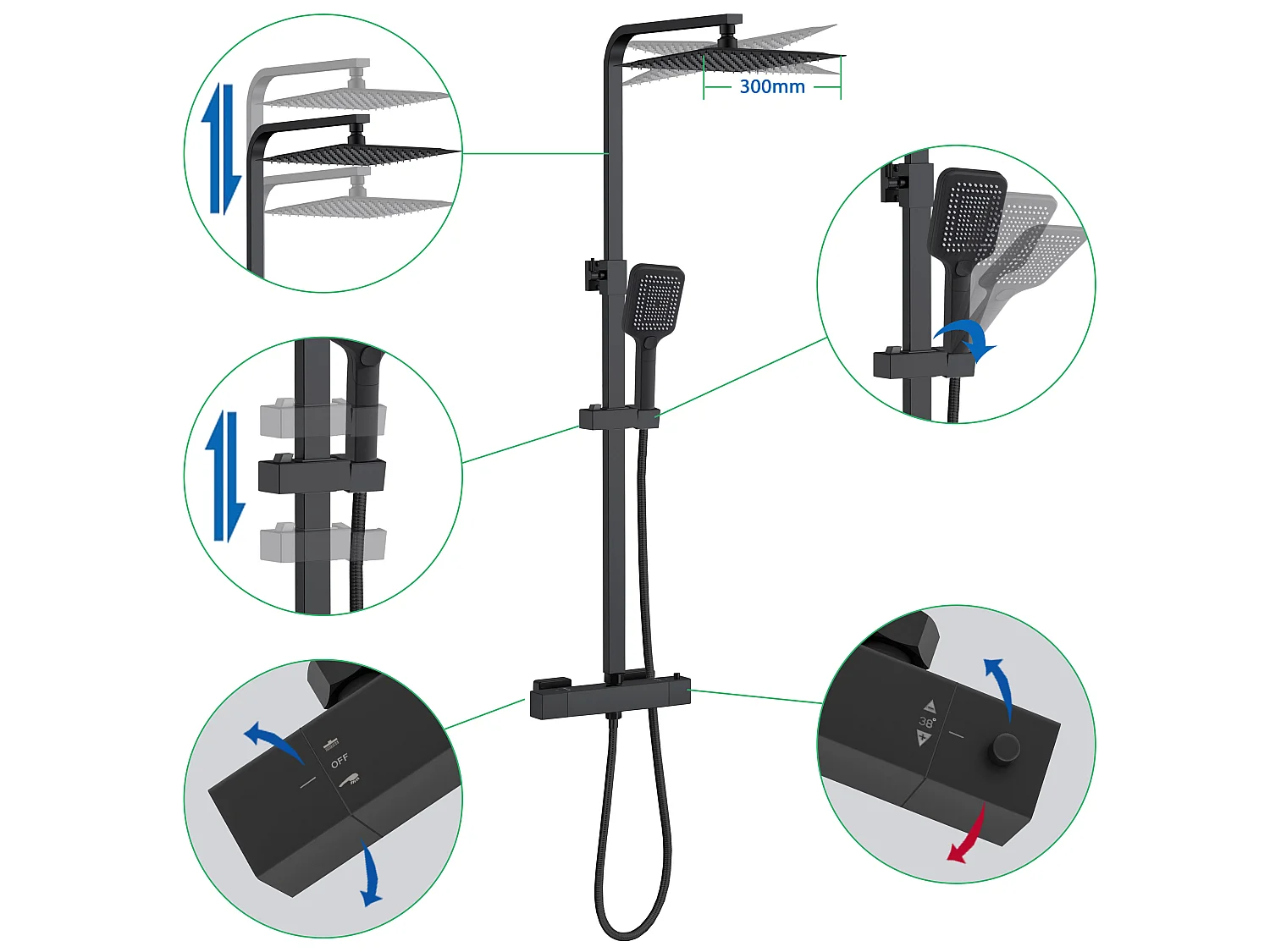 Colonne doccia termostatiche con soffione quadrato 30x30cm in acciaio inox e altezza regolabile 73-115cm, nero