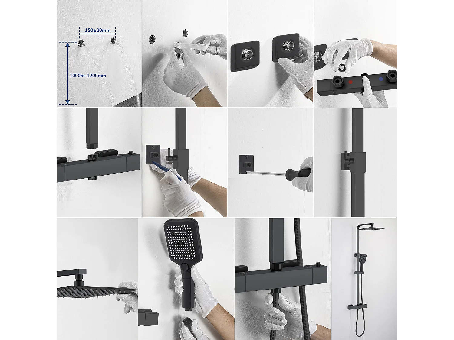 Colonne doccia termostatiche con soffione quadrato 30x30cm in acciaio inox e altezza regolabile 73-115cm, nero