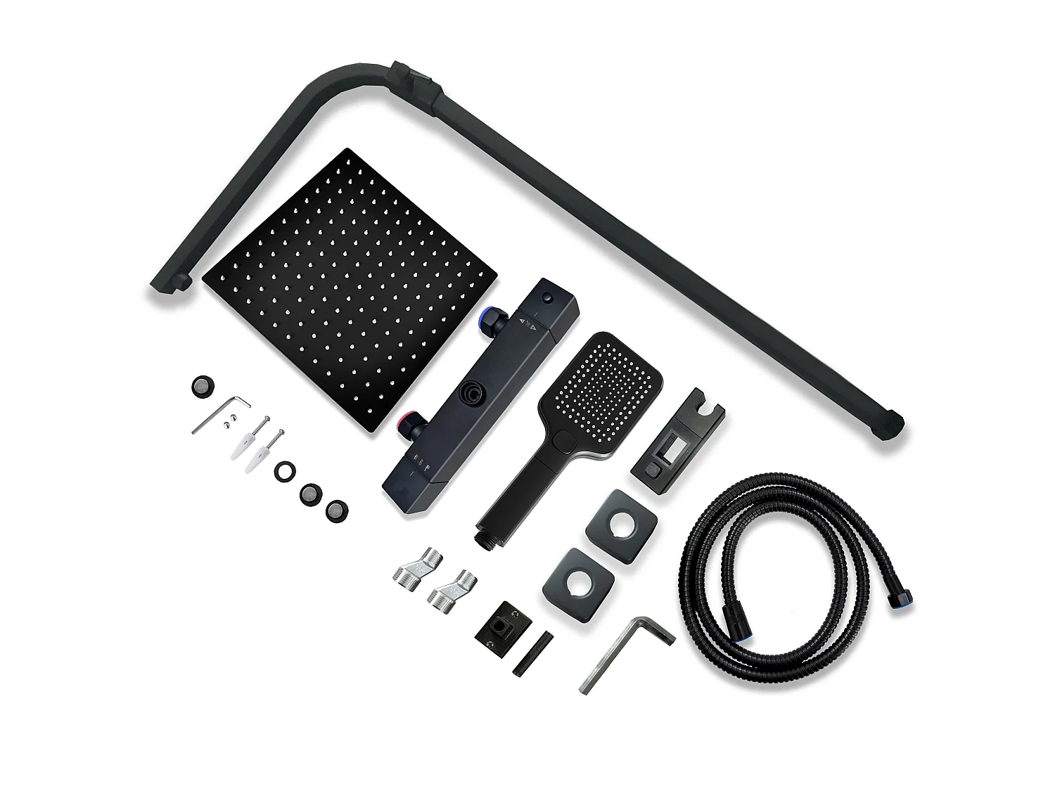 Colonne doccia termostatiche con soffione quadrato 30x30cm in acciaio inox e altezza regolabile 73-115cm, nero