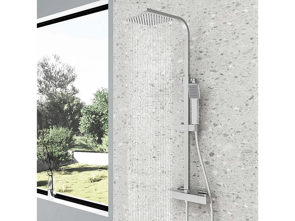 Colonne doccia termostatiche con soffione quadrato 20x20cm in acciaio inox e altezza regolabile 73-115cm, cromato