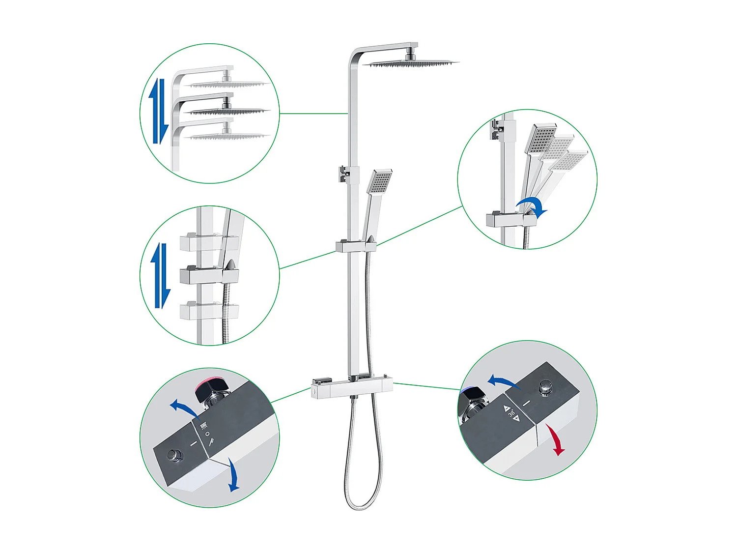 Colonne doccia termostatiche con soffione quadrato 20x20cm in acciaio inox e altezza regolabile 73-115cm, cromato