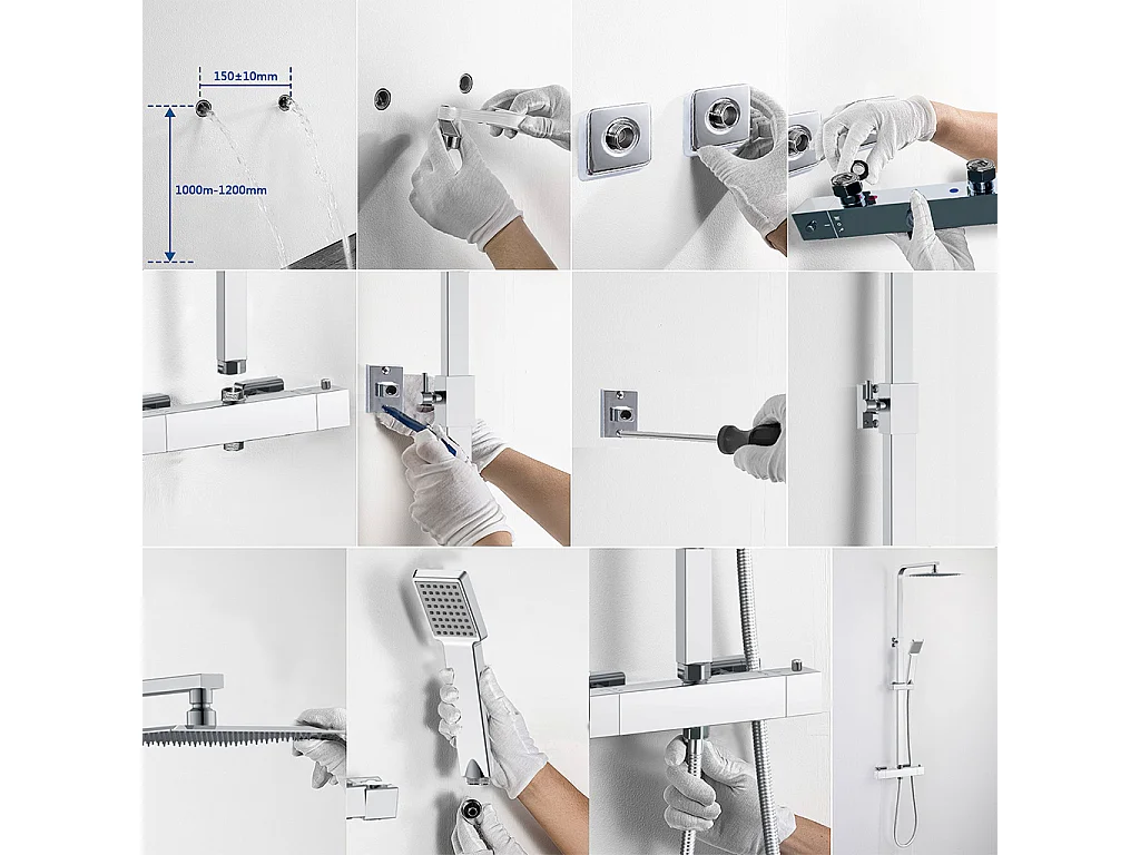 Colonne doccia termostatiche con soffione quadrato 20x20cm in acciaio inox e altezza regolabile 73-115cm, cromato