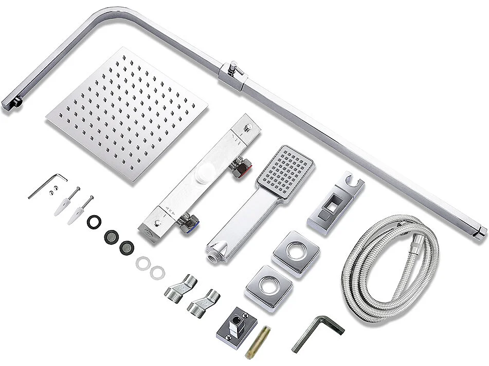 Colonne doccia termostatiche con soffione quadrato 20x20cm in acciaio inox e altezza regolabile 73-115cm, cromato