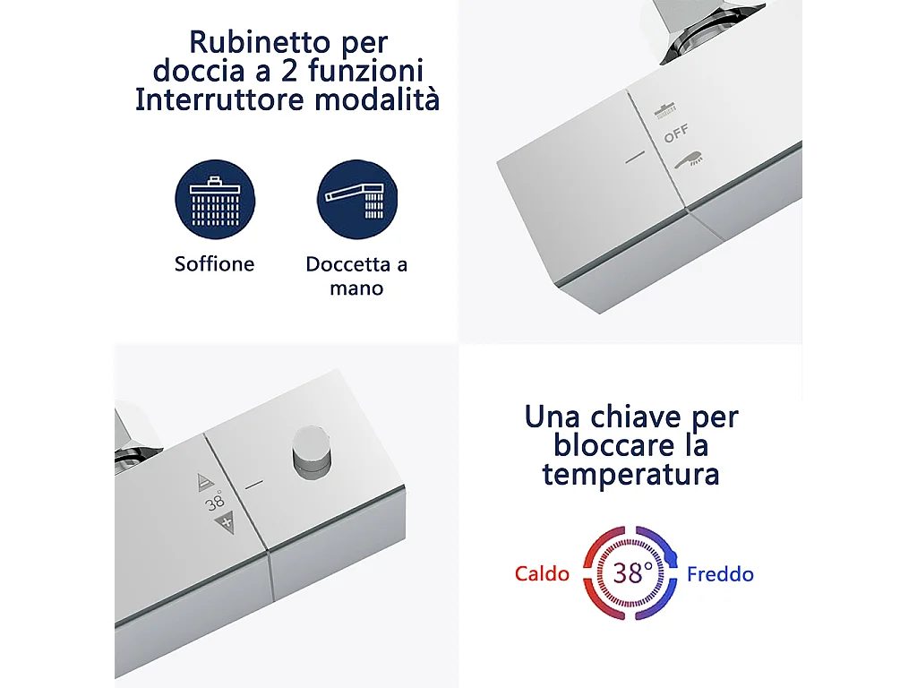 Colonne doccia termostatiche con soffione quadrato 20x20cm in acciaio inox e altezza regolabile 73-115cm, cromato