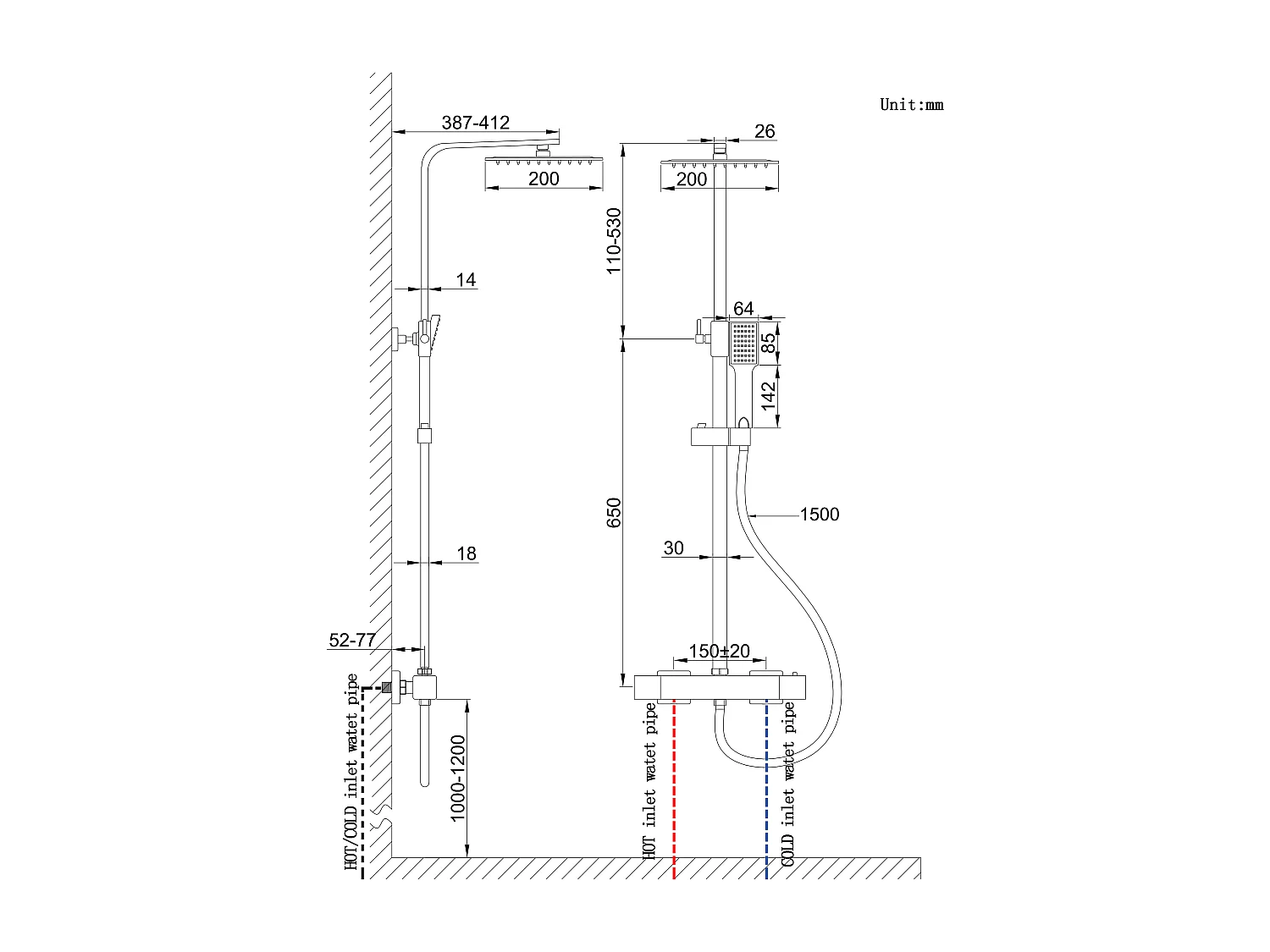 Colonne doccia termostatiche con soffione quadrato 20x20cm in acciaio inox e altezza regolabile 73-115cm, cromato