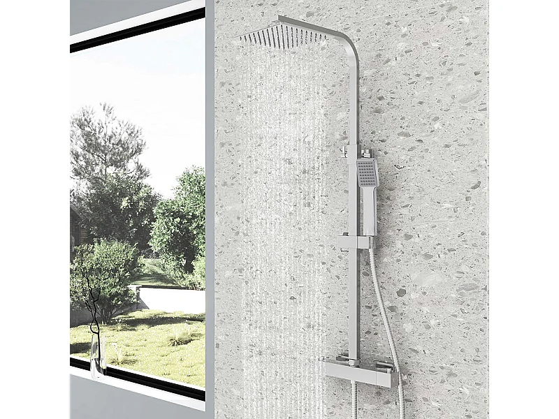 Colonne doccia termostatiche con soffione quadrato 20x20cm in acciaio inox e altezza regolabile 73-115cm, cromato