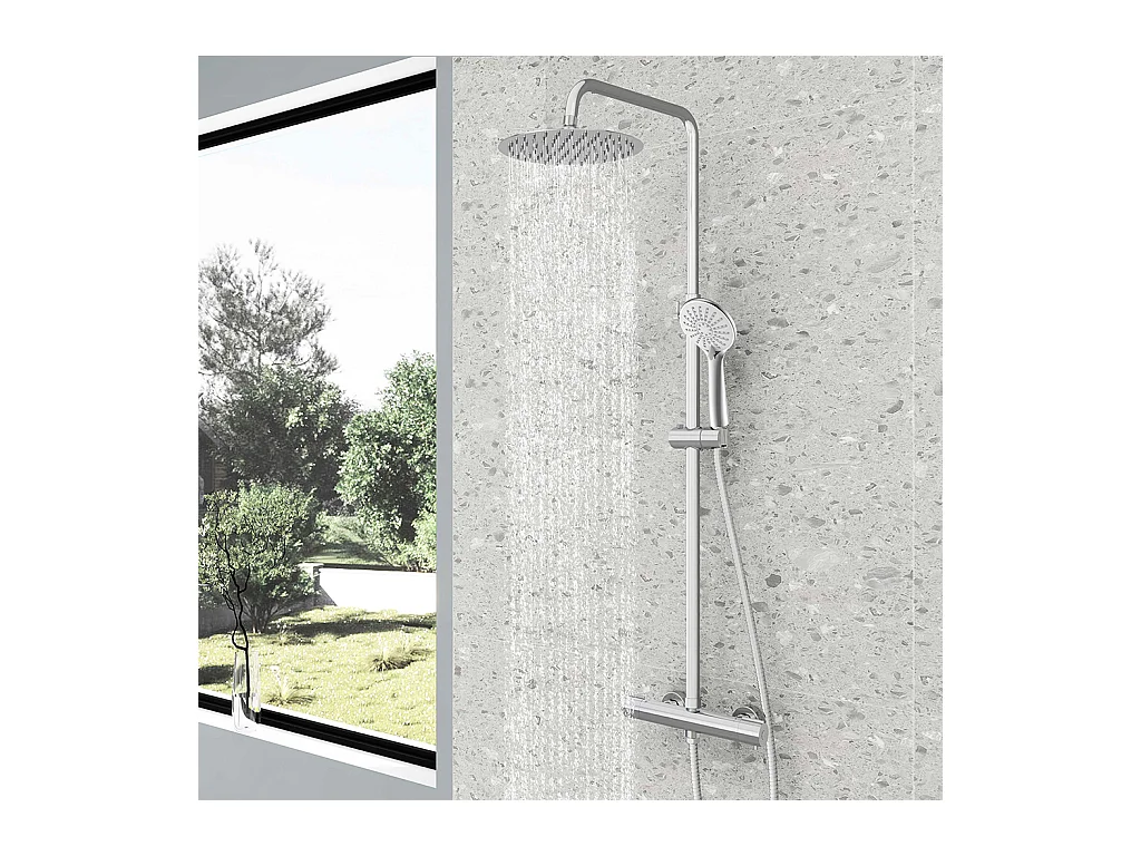 Colonne doccia termostatiche con soffione rotondo 25cm in acciaio inox e altezza regolabile 76-120cm, cromato