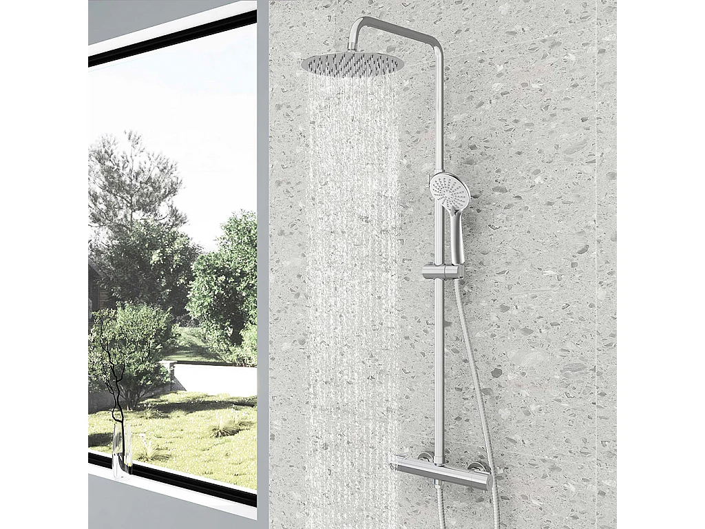 Colonne doccia termostatiche con soffione rotondo 25cm in acciaio inox e altezza regolabile 75-128cm, cromato