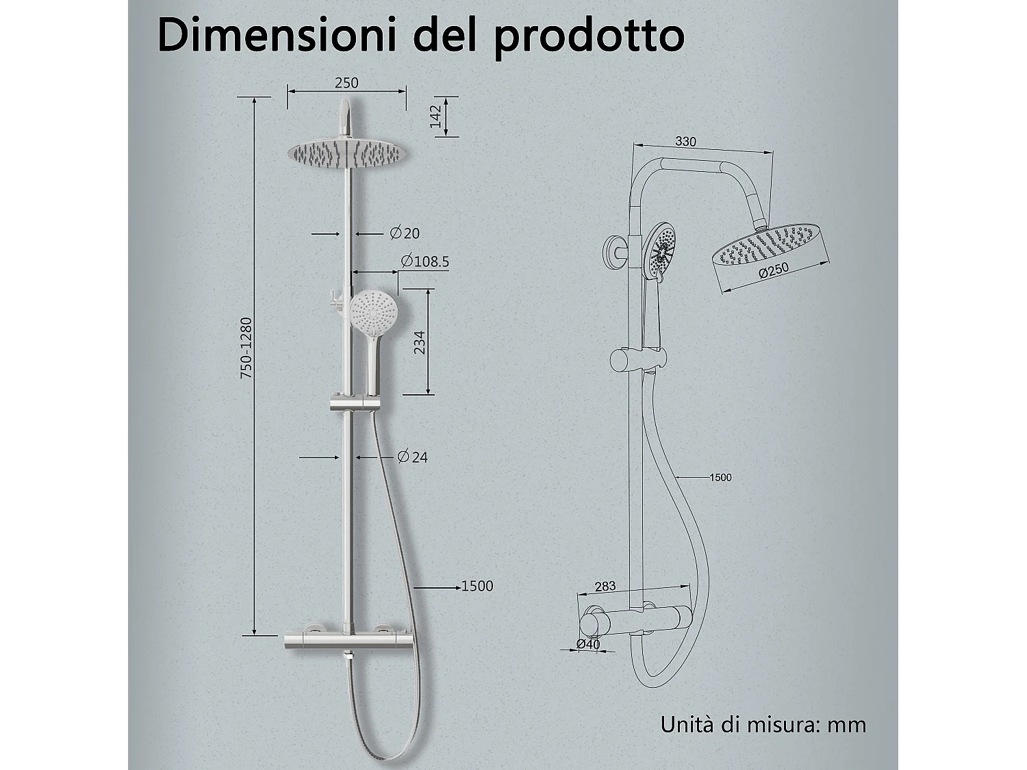 Colonne doccia termostatiche con soffione rotondo 25cm in acciaio inox e altezza regolabile 75-128cm, cromato