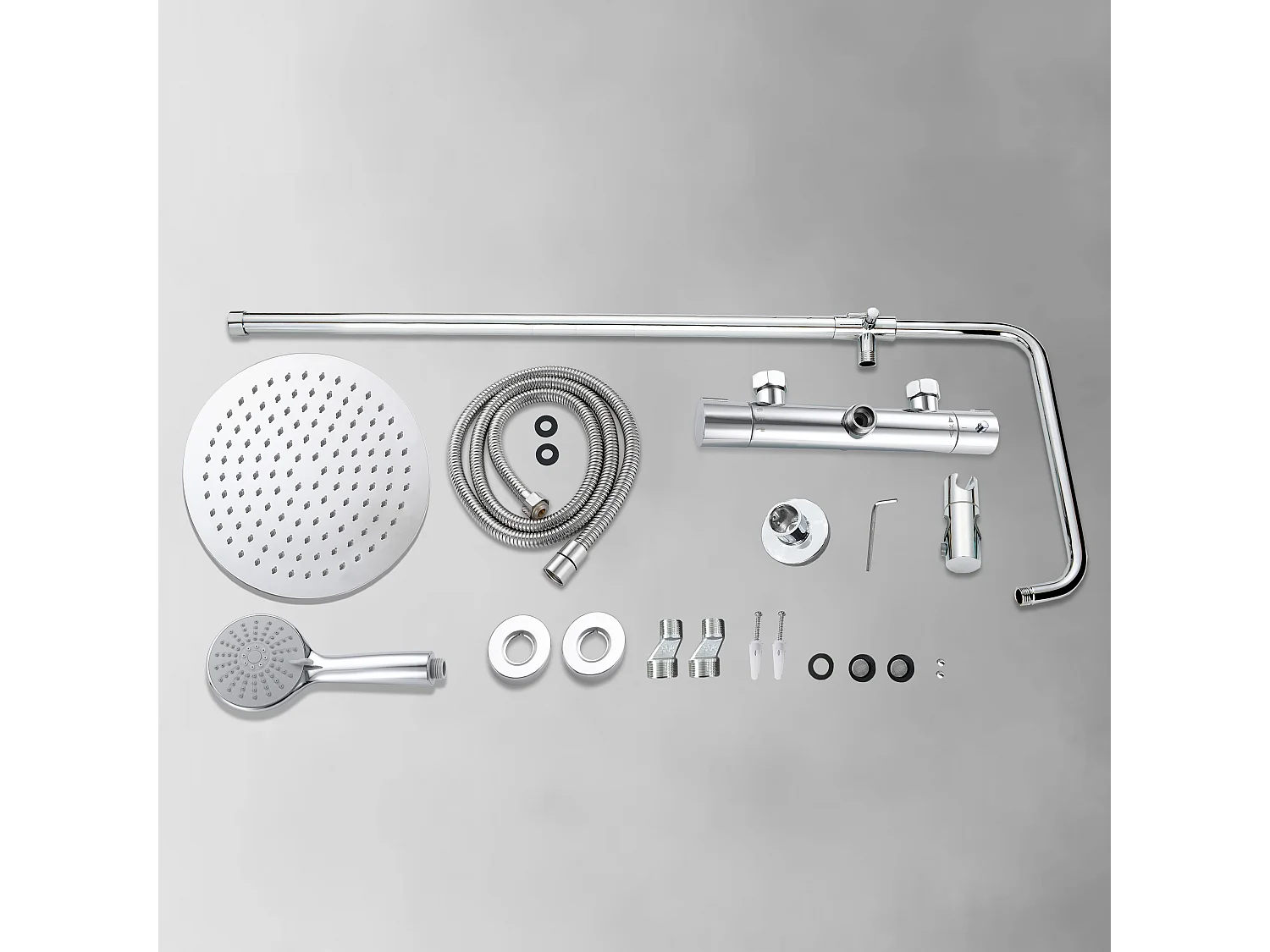 Colonne doccia termostatiche con soffione rotondo 25cm in acciaio inox e altezza regolabile 75-128cm, cromato