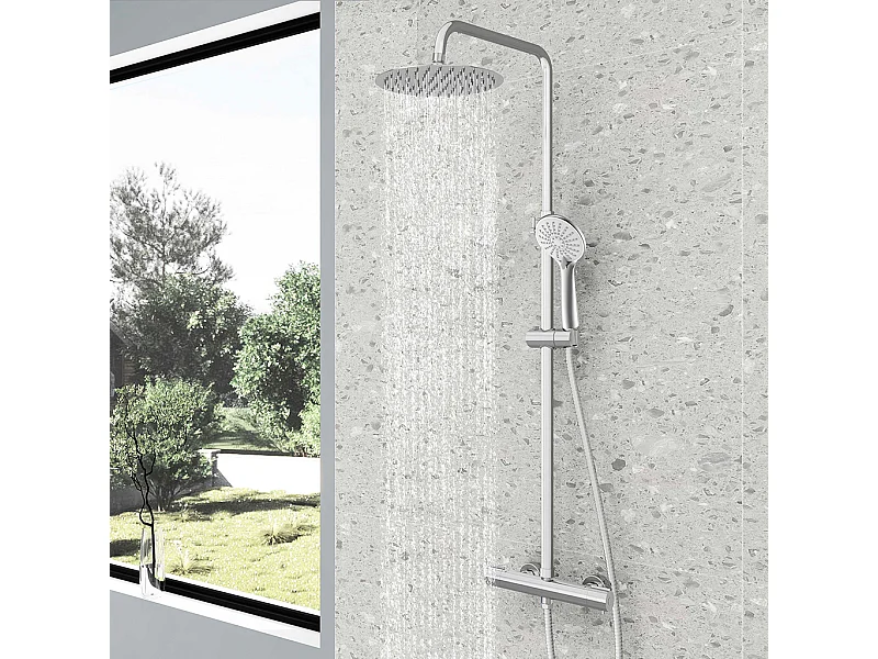 Colonne doccia termostatiche con soffione rotondo 25cm in acciaio inox e altezza regolabile 75-128cm, cromato