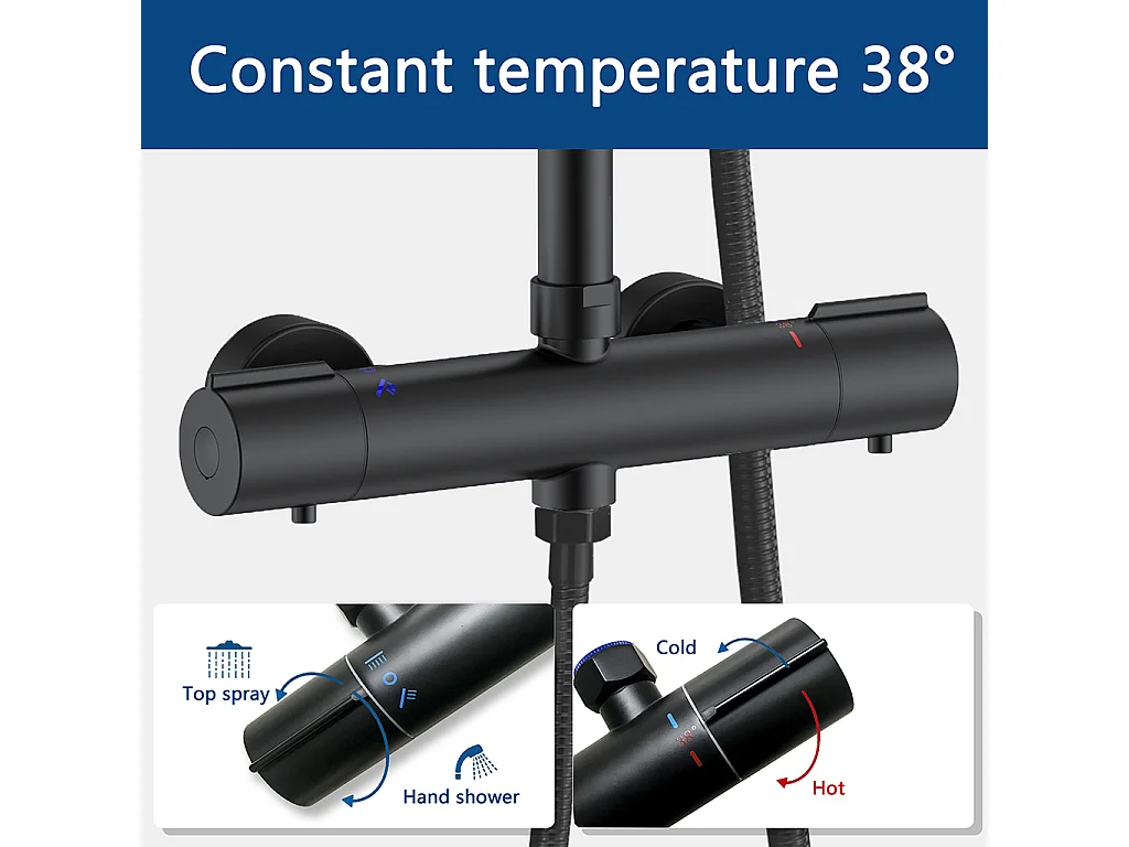 Colonne doccia termostatiche con soffione rotondo 20cm in acciaio inox e altezza regolabile 74-117cm, nero