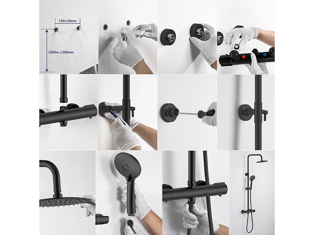 Colonne doccia termostatiche con soffione rotondo 20cm in acciaio inox e altezza regolabile 74-117cm, nero