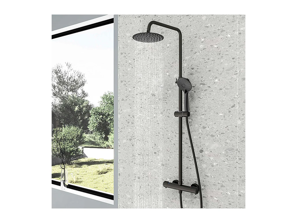 Colonne doccia termostatiche con soffione rotondo 20cm in acciaio inox e altezza regolabile 74-117cm, nero