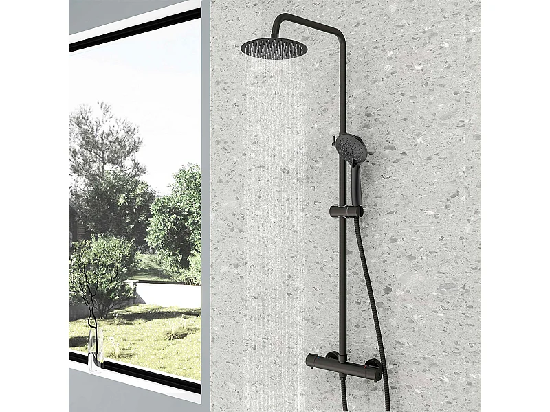 Colonne doccia termostatiche con soffione rotondo 20cm in acciaio inox e altezza regolabile 74-117cm, nero