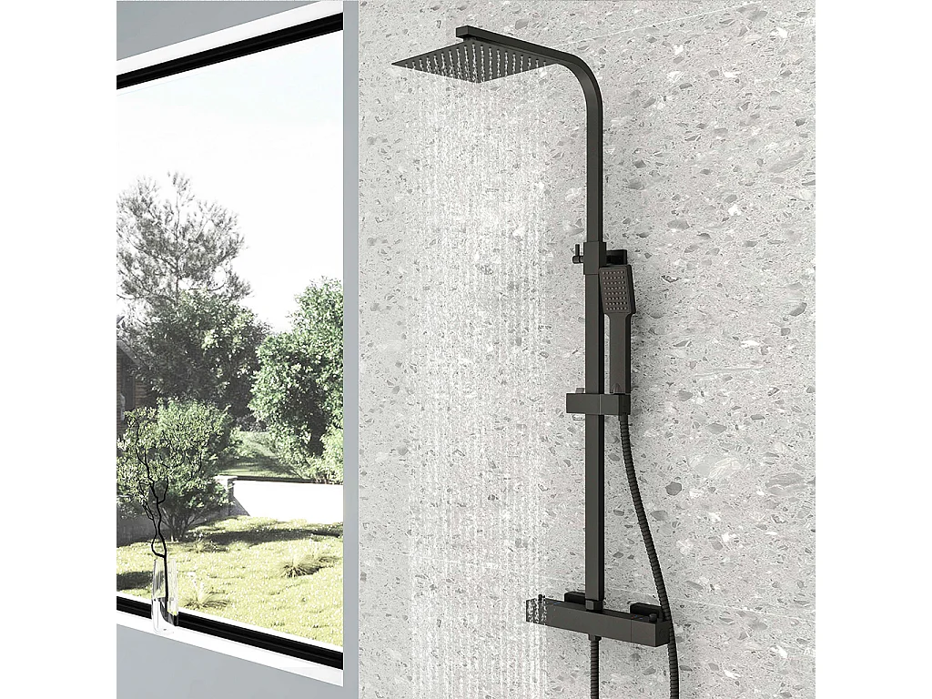 Colonne doccia termostatiche con soffione quadrato 20x20cm in acciaio inox e altezza regolabile 73-115cm, nero