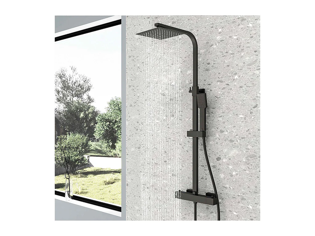 Colonne doccia termostatiche con soffione quadrato 20x20cm in acciaio inox e altezza regolabile 73-115cm, nero